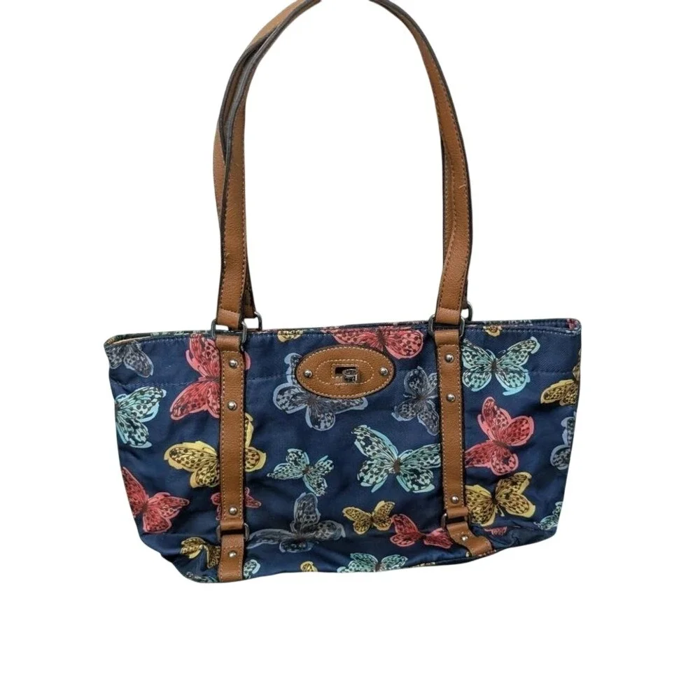Franco Sarto navy blue‎ butterfly print tote bag with brown leather straps